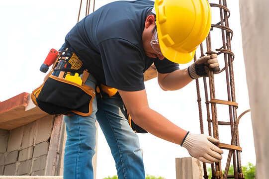 Construction worker in hard hat bending rebar on a building site, wearing a tool belt and gloves.