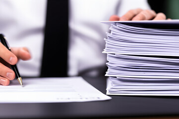 Close-up of a person in a business shirt reviewing documents, with a large stack of files nearby.