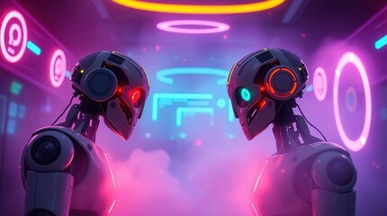 Two robots face in neon lit setting