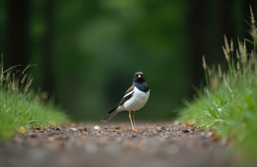 Fototapeta premium Single white wagtail bird stands on forest path near Stockholm. Wild animal features distinct black, white plumage with yellow accents on beak, legs. Natural background green foliage, grass.
