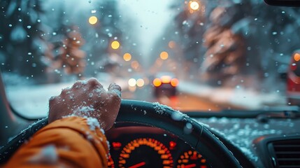 Driving in snow. Hand on wheel, dashboard in view, snowy road ahead, blurred trees, bokeh lights