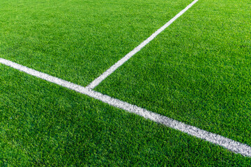 Football green field with white line.