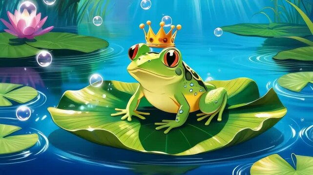 A frog is sitting on a lily pad with a crown on its head. The frog is smiling and he is happy. The image has a whimsical and playful mood, as the frog is wearing a crown