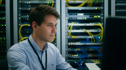 A young man works at a computer in a server room, surrounded by racks of servers and cables.