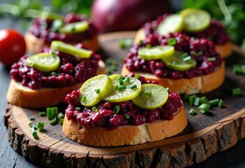 Delicious beetroot tartines topped with lime slices and fresh herbs on a rustic wooden board