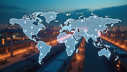 Global supply chain map interface displayed on high-tech screen. Technology network analysis with digital information, satellite data. Futuristic operation center supports global logistics