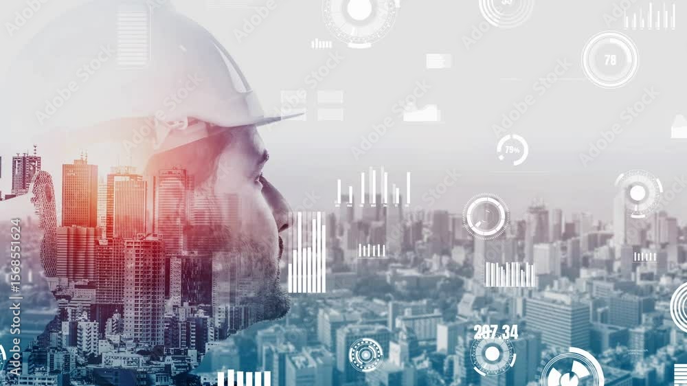 Poster future building construction and inventive engineering project concept with hud hologram graphic des