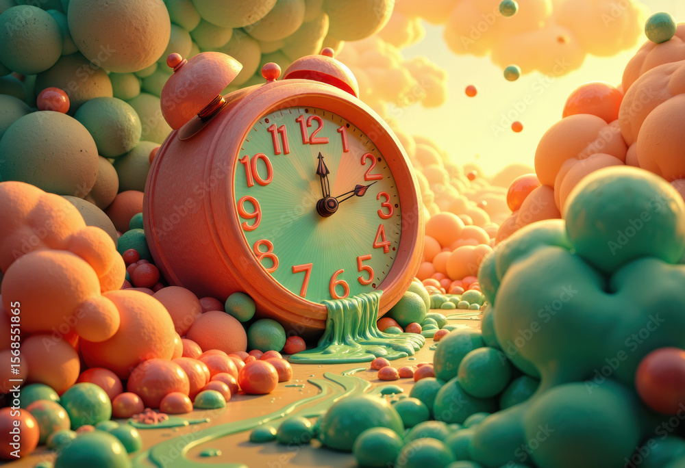Poster surreal scene with a vintage alarm clock surrounded by colorful clouds and floating spheres