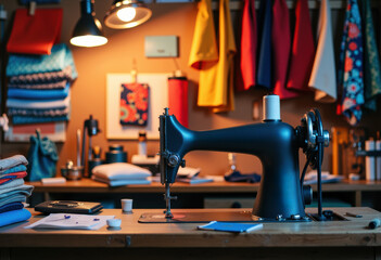 Fototapeta premium Vintage sewing machine in a cozy workshop surrounded by colorful fabrics