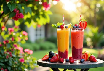 Refreshing fruit smoothies with berries and tropical fruits on a sunny outdoor table
