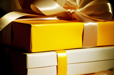 Close-up of stacked gift boxes with elegant satin ribbons and bows, ready to be opened.