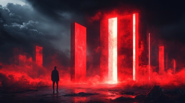 Red portal of another world awaits a lone figure.