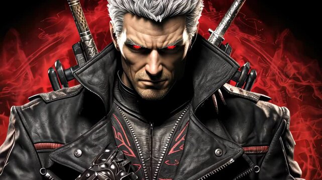 Mysterious Warrior: A stoic warrior, bearing silver hair and piercing red eyes, exudes an aura of strength. He is posed with two swords, and wear a leather jacket.