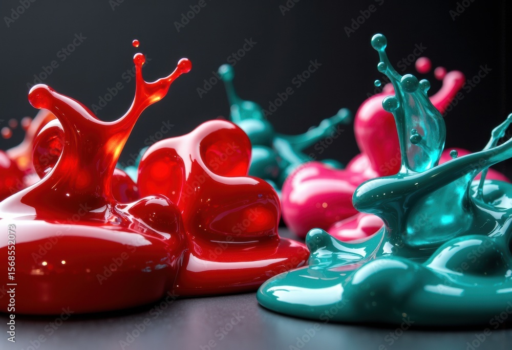 Poster vibrant splashes of red and teal paint create dynamic abstract art with glossy textures
