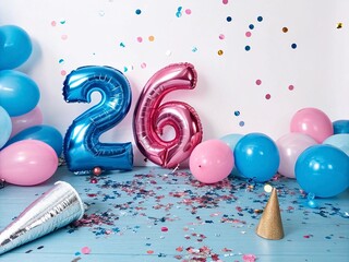 Festive birthday photo with shiny 3D numbers, balloons, confetti. Celebrate 26th anniversary party
