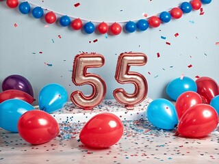 Festive birthday photo with shiny 3D numbers, balloons, confetti. Celebrate 55th anniversary party