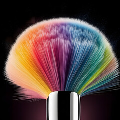 Close-up of a makeup brush with rainbow-colored bristles against a dark background.