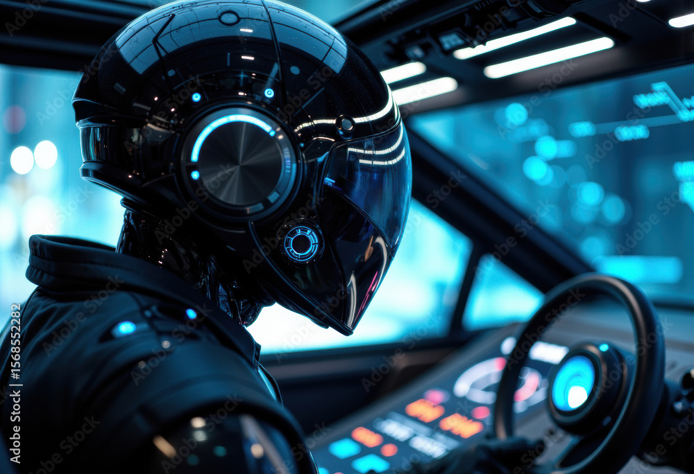 Poster futuristic robotic driver wearing a high-tech helmet operating a digital vehicle dashboard