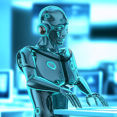 A futuristic robot, likely a cyborg, working at a computer terminal in a modern office setting.