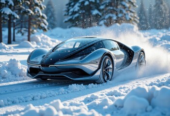 Black luxury sports car driving through snowy winter landscape with snow spray and trees in background