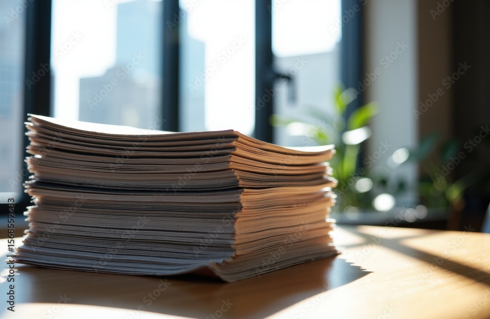 Poster stack of papers on wooden desk with sunlight streaming through window, creating shadows and highligh