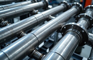 Industrial metal pipes arranged in a technical setting with a sleek, polished surface