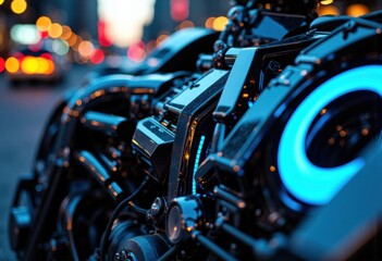Fototapeta premium Close-up of professional camera equipment with vibrant blue lighting on a city street at night