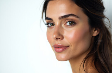 Fototapeta premium Woman with clear skin and natural makeup looking confidently at the camera