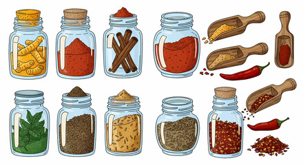 Collection of 8 charming hand-drawn illustrations of spice jars. Depict 6 glass jars filled with colorful spices (turmeric golden yellow, paprika brick red, cinnamon sticks brown, dried mint