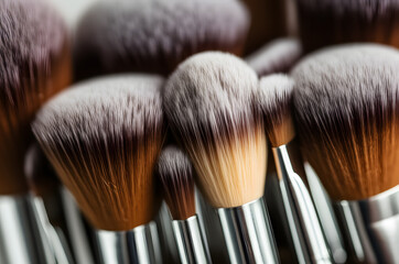 Close-up view of several makeup brushes, showcasing their soft bristles and metallic handles.