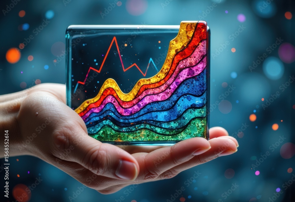 Poster hand holding a transparent glass cube with colorful abstract lines and graphs inside