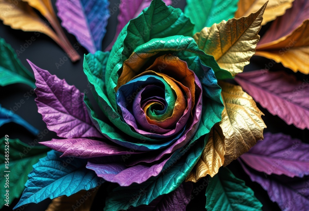 Poster vibrant, multicolored leaves arranged in a spiral pattern creating a striking visual display