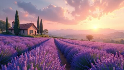 Vast lavender field with rows of purple blossoms stretches towards rolling hills under soft, pink sunset sky. Charming cottage with cypress trees sits beside fragrant plantation, spring renewal,