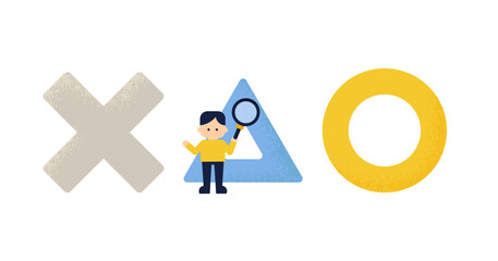 〇×△と虫眼鏡を持つ人(男性・男の子)のイラスト｜選択・評価・検索をイメージした記号素材