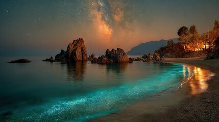   A serene pond surrounded by towering boulders and a celestial canopy of glistening starlight