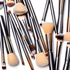A collection of makeup brushes in various shapes and sizes, arranged on a white background.