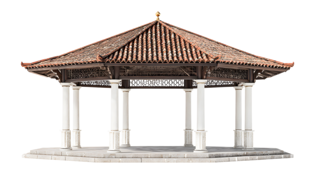 Ornate Gazebo with Red Tiled Roof and White Columns 