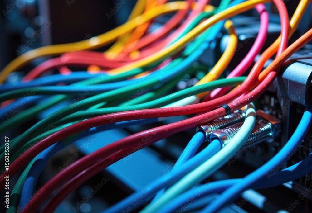 Poster colorful network cables connected to a server or networking device