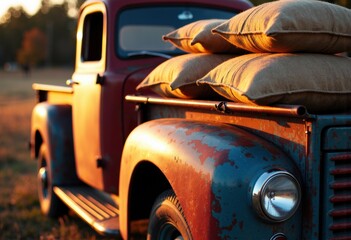 Vintage rusty pickup truck loaded with pillows parked outdoors during sunset