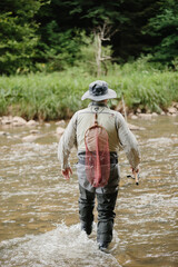 Naklejka premium Fisherman walking in river, fly fishing for trout in mountain stream