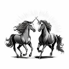 Fantasy Vector of Two Radiant Unicorns Running Together Beneath the Early Morning Golden Sunlight