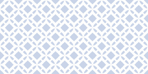 Elegant geometric grid ornament. Subtle abstract blue and white seamless pattern with lattice, diamond shapes, flower silhouettes. Simple vector minimal background texture. Repeating modern design