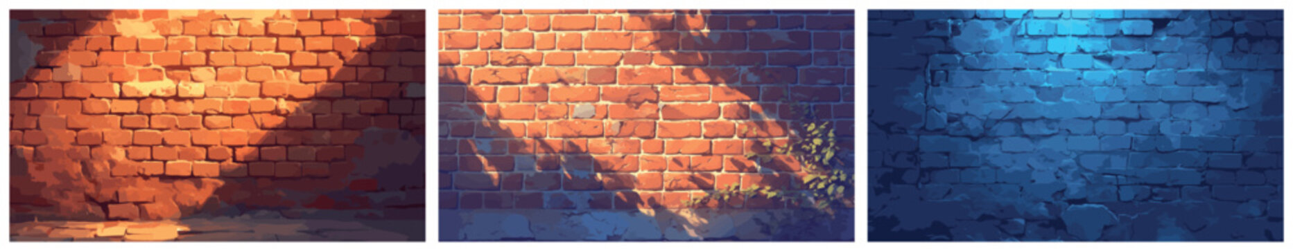 Fototapeta brick wall cartoon set. old rough red blue brown brickwork, game street shadow day evening vector illustration