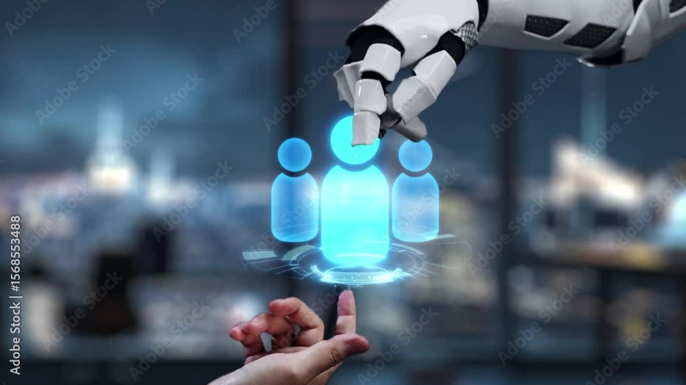 Poster a robotic arm points to visual symbols representing key business and technology concepts in a modern