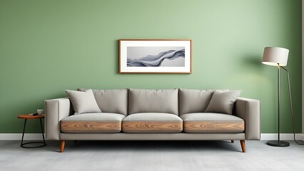 Contemporary living space with a green accent wall, modern furniture, and uncluttered aesthetic.