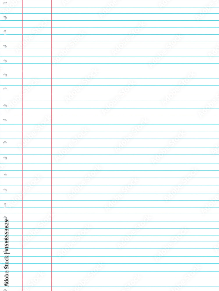 Poster blank notebook page with red margin line and holes is ready for writing