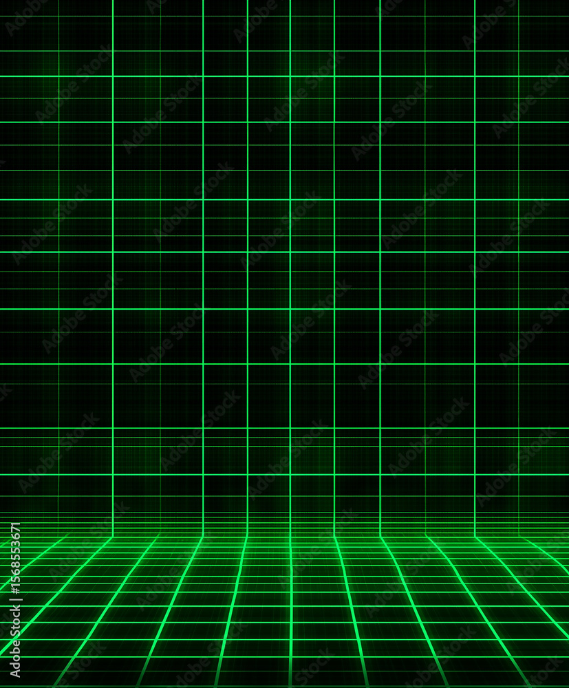 Poster green grid creating perspective on dark background
