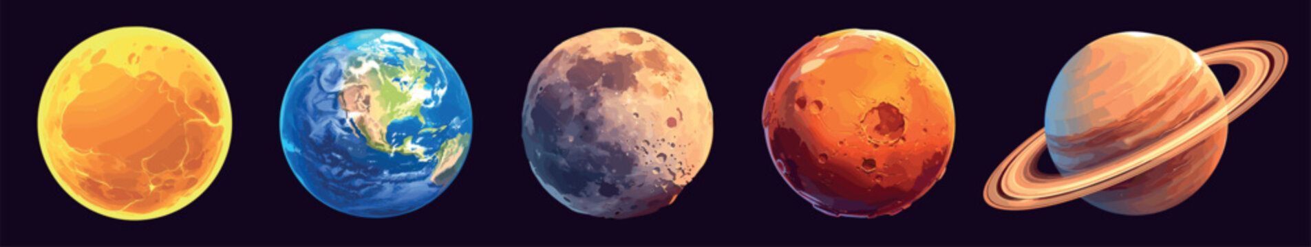 planets cartoon set. planet sun earth moon mars jupiter, solar system space astronomy universe science vector illustration