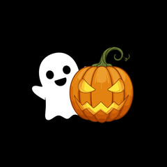 Fototapeta premium Kawaii ghost popping out of pumpkin on black background, isolated, vector