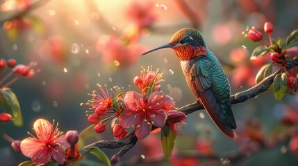 Fototapeta premium Hummingbird perched on branch, amid pink blossoms, sunlight shining through, bokeh effect